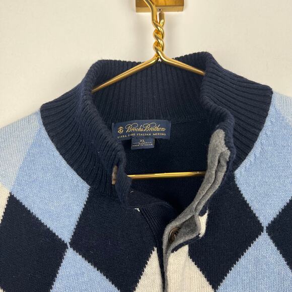 Brooks Brothers Italian Merino Wool Argyle Sweater Blue Button Collar Sz XL - Picture 5 of 6